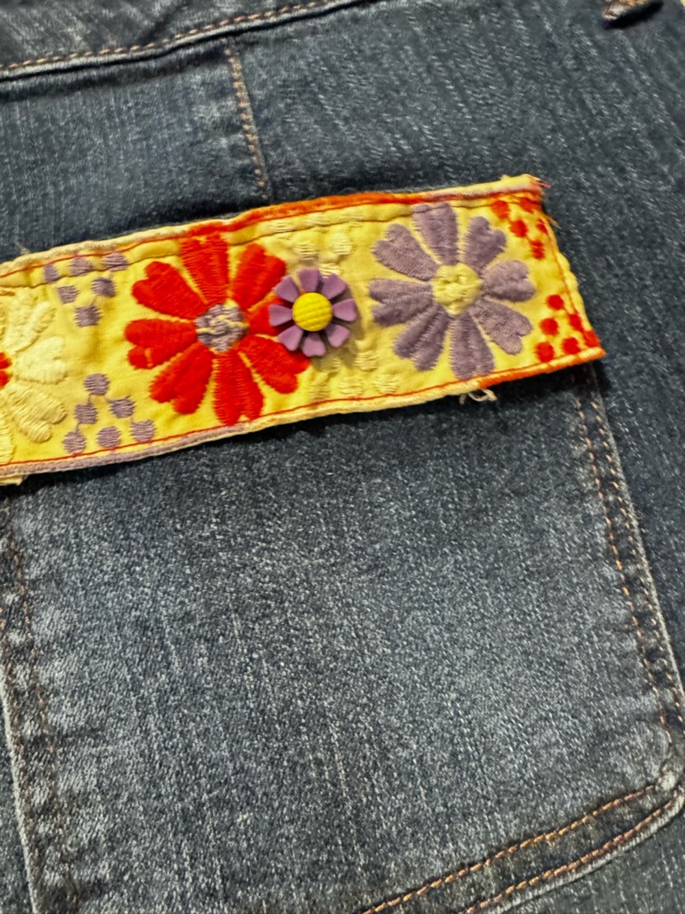 Upcycled Wide Leg Dark Blue Jeans with Embroidered Floral Cuff - Picture 6 of 8